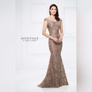 Montage by Mon Cheri Tan/Brown/Mocha/Latte Lace Dress